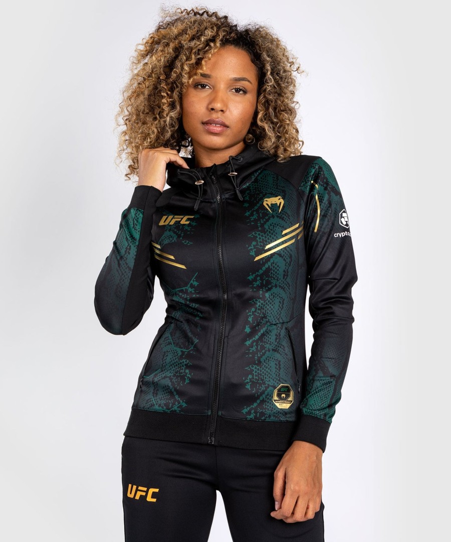 ufc adrenaline by venum authentic fight night women walkout hoodie - emerald edition - grønsortguld