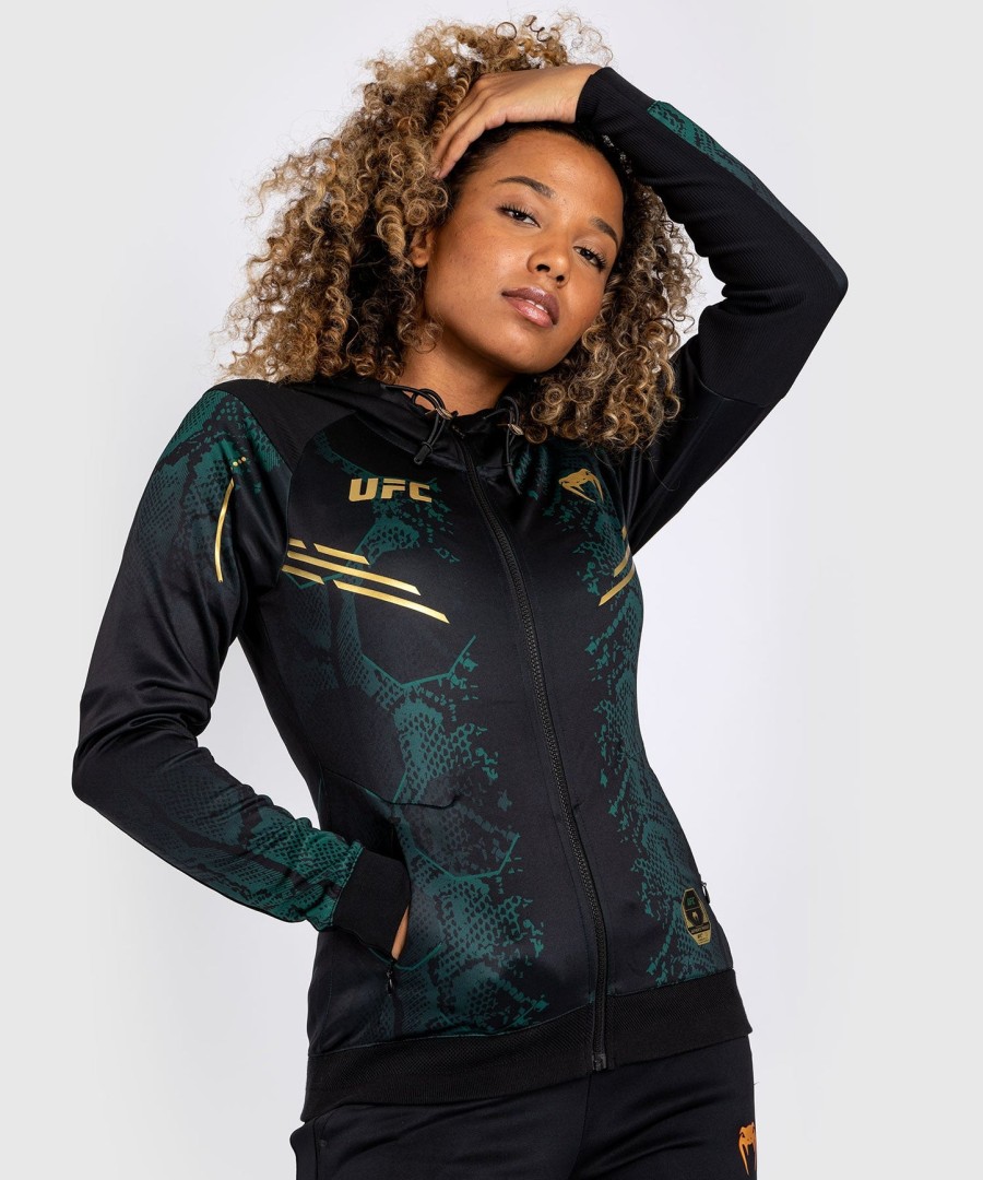 ufc adrenaline by venum authentic fight night women walkout hoodie - emerald edition - grønsortguld