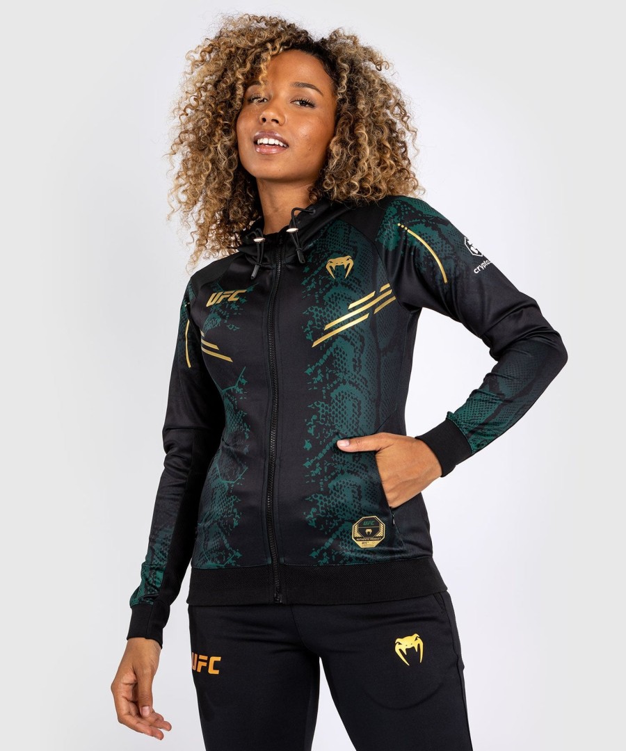 ufc adrenaline by venum authentic fight night women walkout hoodie - emerald edition - grønsortguld