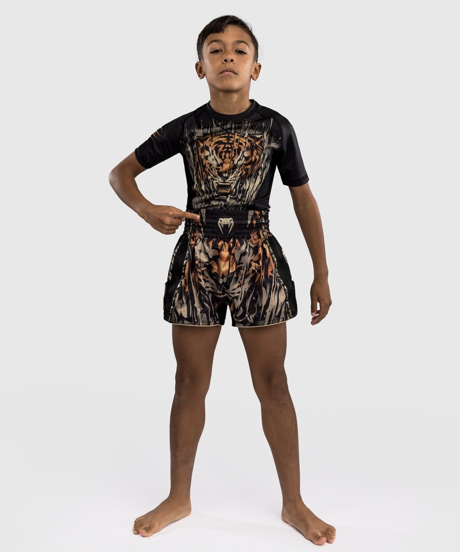 venum tiger børne muay thai shorts - sortneon orange